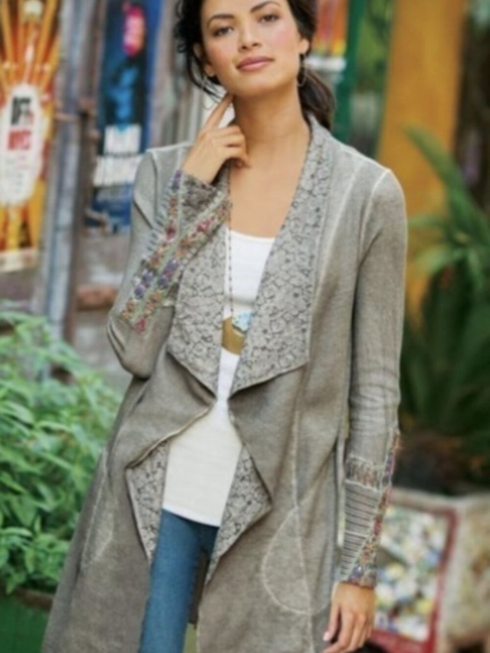 Soft Surroundings Cadence thermal lace detail cardigan top waterfall front Med